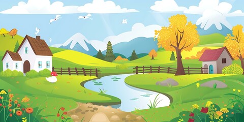 Fototapeta premium Autumn Landscape with Two Houses and a River