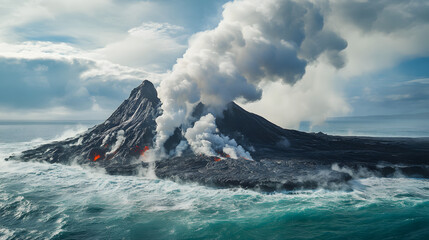 A volcanic island with a lava flow reaching the ocean creating steam and new land formations.