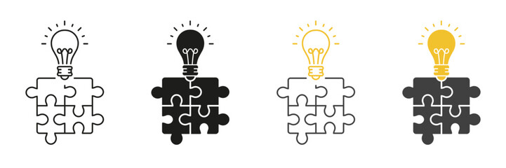 Problem Solving, Business Innovation Icon. Jigsaw with Light Bulb Line and Silhouette Icon Set. Puzzle and Lightbulb, Creative Solution Concept Symbol. Editable Stroke. Isolated Vector Illustration
