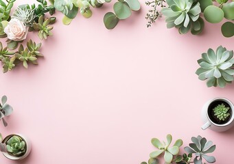 Fototapeta premium Pink Background with Green Succulents and Eucalyptus