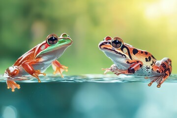 Naklejka premium Two colorful frogs sitting on a water surface, surrounded by a lush green background.