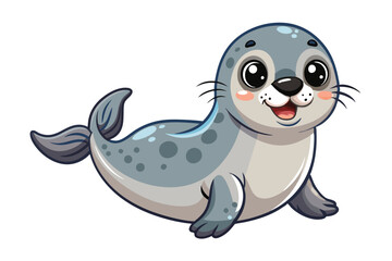 Fototapeta premium A cheerful cartoon seal is swimming joyfully with a big smile on its face, cartoon character cute cartoon seal isolated on a white background.