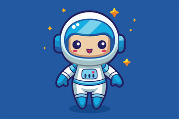 Naklejka premium Cute astronaut mascot in a colorful suit shines brightly against a blue cosmic backdrop with sparkling stars, cartoon character cute astronaut mascot