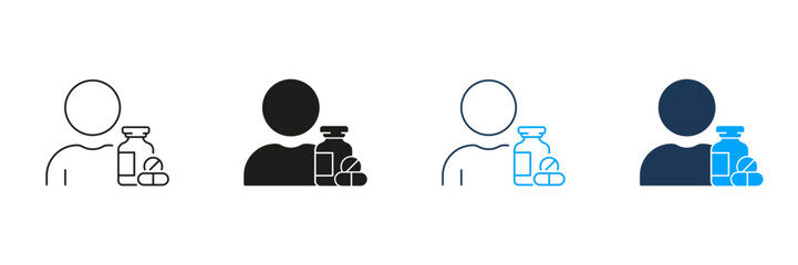 Pharmacy Pills Line and Silhouette Icon Set. Person with Drug Medication Symbol. Medicine Treatment Pictogram. Patient Antibiotic Prescription. Editable Stroke. Isolated Vector Illustration