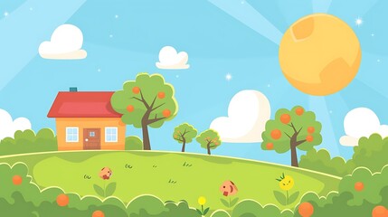 Cartoon Landscape Illustration With Cute House and Trees