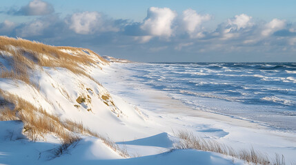 A winter beach scene with snow-covered dunes and icy waves lapping against the shore.