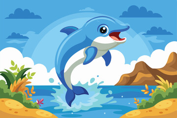 Fototapeta premium A happy cartoon dolphin leaps from the water on a bright day surrounded by beautiful scenery, Cartoon dolphin jumping out of the water