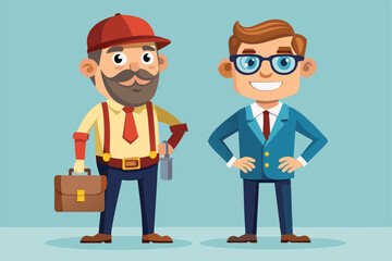A cheerful handyman and a businessman are posing together, showcasing their contrasting styles, Cartoon handyman with man in a suit with glasses