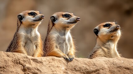 Fototapeta premium Three meerkats observe their surroundings, showcasing their curious nature and social behavior in a natural habitat.