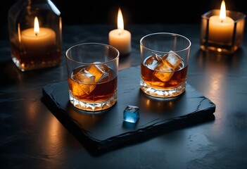A glass of amber-colored liquor, likely whiskey or bourbon, with ice cubes