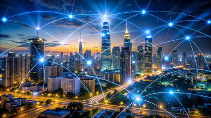 Fototapeta premium The city skyline is illuminated under a glowing twilight, featuring prominent skyscrapers connected by virtual networks, symbolizing modern technology and urban life