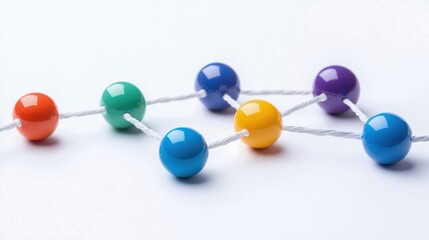 Obraz premium Colorful spheres linked by white strings on a white background, ideal for creative projects.