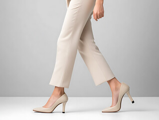 Elegant woman walking in stylish beige high heels