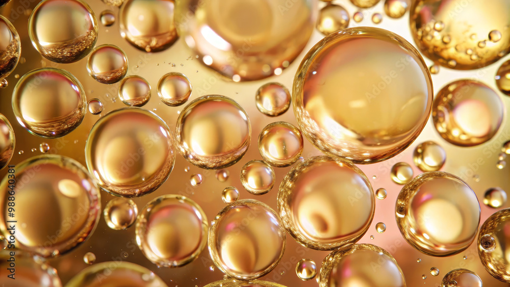 Poster golden bubbles display intricate reflections as they float in a liquid medium, creating a captivatin