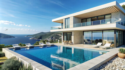 Obraz premium This stunning villa features a spacious outdoor pool surrounded by lounge chairs, offering breathtaking views of the serene sea and lush hills during sunset