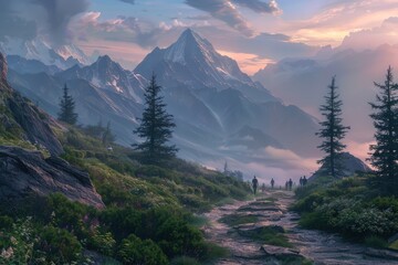 Obraz premium A serene mountain trail at dawn with participants meditating along the path, surrounded by nature's beauty