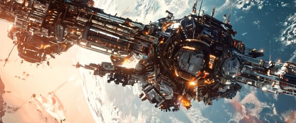 A massive, intricately designed space station orbits a planet in deep space, bathed in the glow of distant stars. The structure's complex architecture suggests advanced space travel and exploration