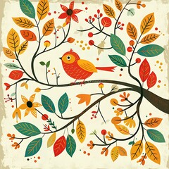 Fototapeta premium Autumn Bird on Branch with Colorful Leaves and Flowers