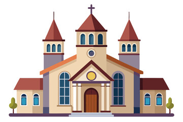 Fototapeta premium A traditional church building featuring tall towers and a prominent cross set against a plain white backdrop, Church building isolated on white background.