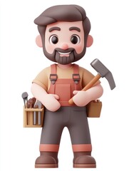 Obraz premium A cartoon-style handyman holding a hammer, surrounded by tools in a toolbox.