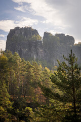 Fototapeta premium Rugged Rock Outcrops at an Overlook in Saxon Switzerland National Park, Nationalpark Sächsische Schweiz