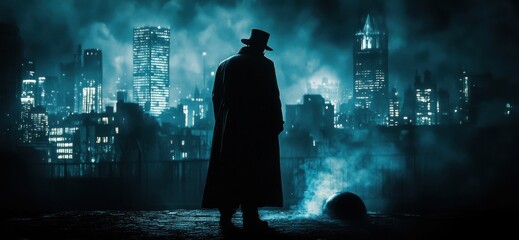 A Mysterious Figure Against an Atmospheric Urban Landscape at Night
