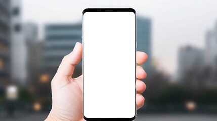 hand holding modern smart phone mockup..copy space white screen
