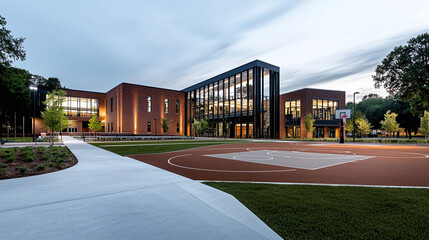 Obraz premium a large, modern schoolyard with a brick school building in the background, and a basketball court in the foreground