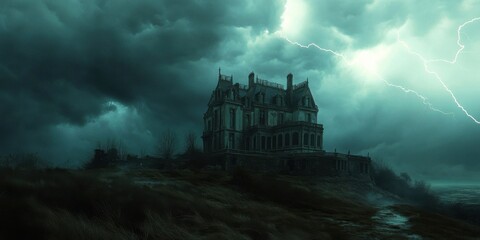 Fototapeta premium Mystical Haunted Mansion Under Stormy Skies with Eerie Lightning