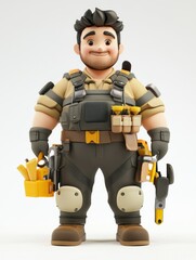 A cheerful cartoon character dressed as a handyman with tools and a toolbox.