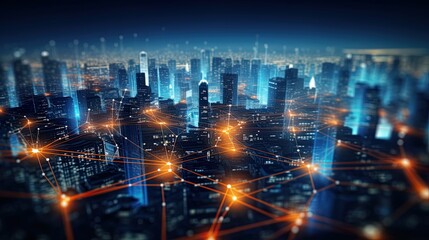 Fototapeta premium Modern city with wireless network connection and city scape concept.Wireless network and Connection technology concept with city background at night