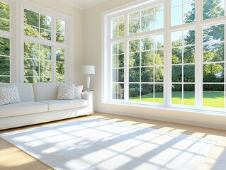 Fototapeta premium Spacious and bright living room with large windows and beautiful sofas