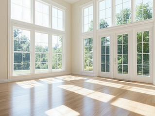 Obraz premium Spacious and bright living room with large windows and beautiful sofas 