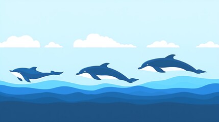 Three dolphins leaping out of the water against a blue sky with clouds.