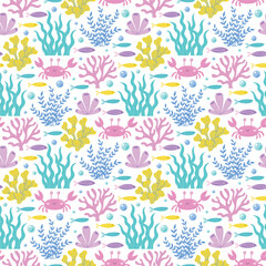 Childrens cute background. Funny crab, colorful fishes, seaweeds and various coral reefs seamless pattern. Bright undersea life vector illustration