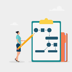Business plan, step by step. The character is holding a pencil. Modern vector illustration in flat style.	