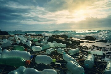 Plastic bottles beach sea pollution.