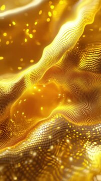 Golden, patterned fabric with glowing particles ideal for luxury backgrounds, elegant designs, festive decorations, holiday concepts, and glamorous themes.