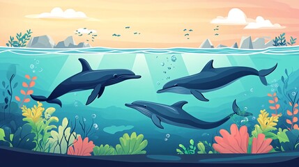 Obraz premium Three dolphins swimming in the ocean, sun shining from above.