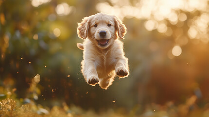 Golden Retriever Puppy Jumping Playful Expression Warm Sunlit Forest Background Energy and Joy Captured in Motion