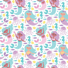 Childrens cute background. Little mermaid, seahorse, jellyfish and various fishes seamless pattern. Underwater life vector illustration