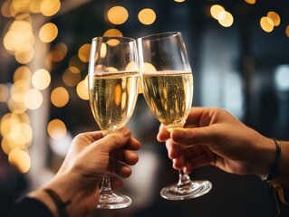 People holding glasses of champagne making a toast with blurred background