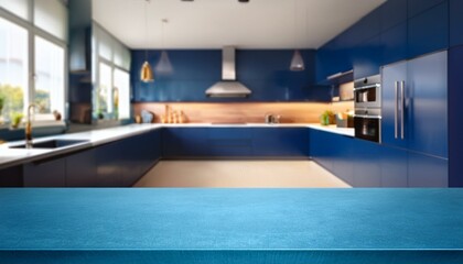 Kitchen with an empty blue countertop against a blurred background of a modern interior