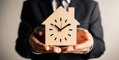 A man in a suit holding a model of a house with a clock.