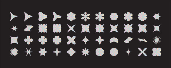 Big set of holographic abstract geometric shapes vector isolated on black background.