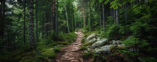 Obraz premium A scenic forest trail for mountain biking, with the path weaving through dense trees and over rocky terrain