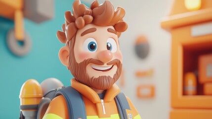 A cheerful animated character in a safety outfit, smiling with a backpack in a colorful setting.