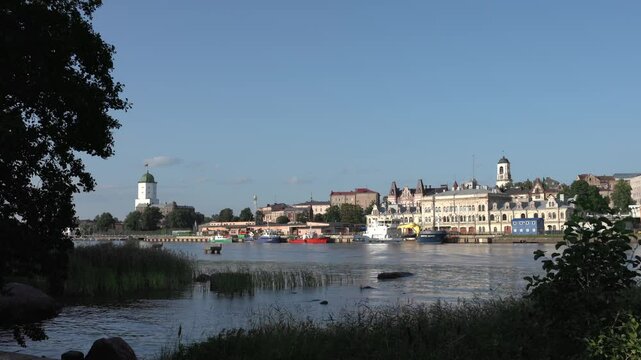 Beautiful view of the medieval Swedish castle fortress in the old town of Vyborg. Stunning panoramic city landscape. High quality 4k footage