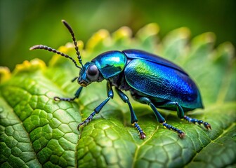 Fototapeta premium The magnificent blue beetle perches on a lush green leaf, glistening under bright sunlight, perfectly blending into its