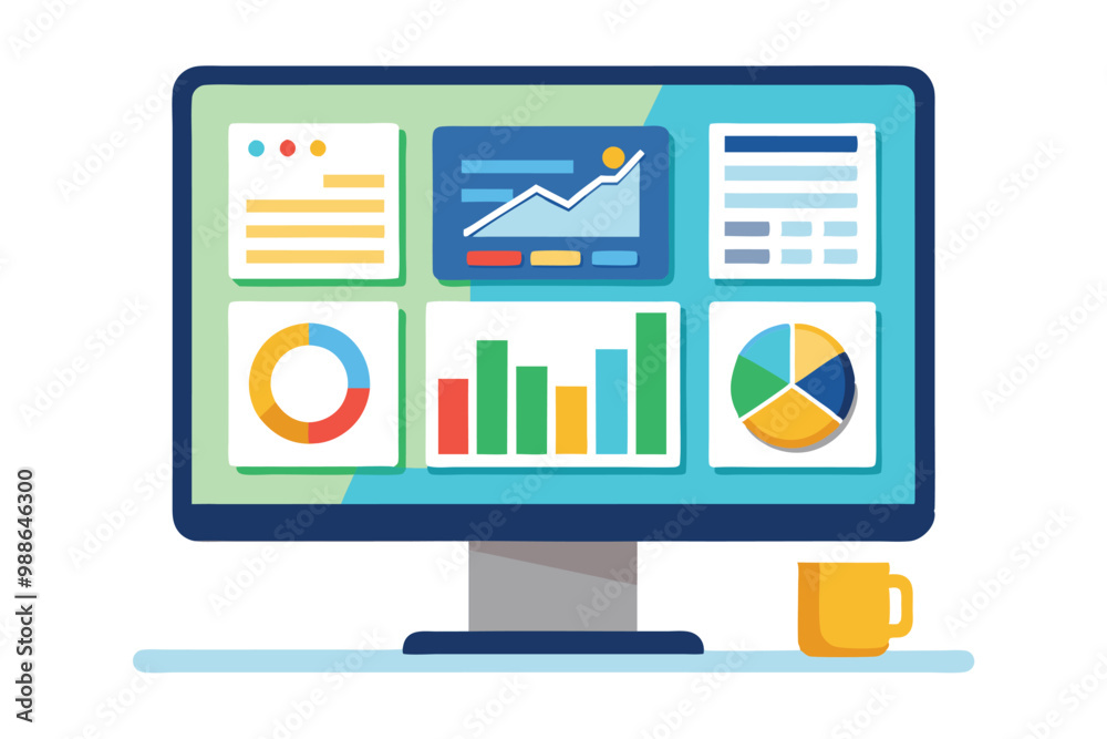 Poster the computer shows colorful charts and graphs, representing data analytics for business insights, co